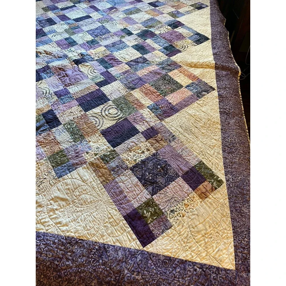 Cottage Core Hand Made QUILT Wall Hanging 75 X 58” Purple Napa Diamonds NEW